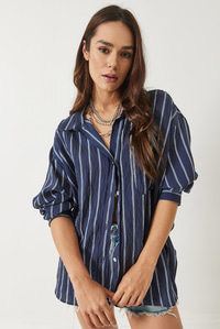 Çizgili Cepli Oversize Modal Gömlek 2258 60284002 - Lacivert