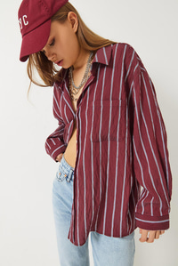 Çizgili Cepli Oversize Modal Gömlek 2258 60284002 - Bordo
