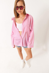 Çizgili Cepli Oversize Modal Gömlek 2258 60284002 - Pembe-Mavi