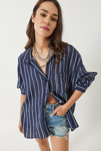 Çizgili Cepli Oversize Modal Gömlek 2258 60284002 - Lacivert