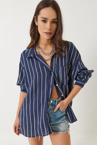 Çizgili Cepli Oversize Modal Gömlek 2258 60284002 - Lacivert