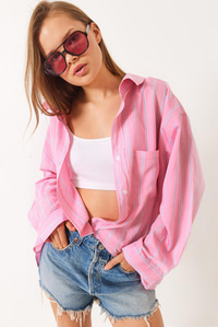 Çizgili Cepli Oversize Modal Gömlek 2258 60284002 - Pembe-Mavi