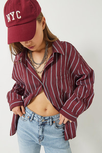 Çizgili Cepli Oversize Modal Gömlek 2258 60284002 - Bordo