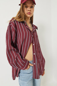 Çizgili Cepli Oversize Modal Gömlek 2258 60284002 - Bordo