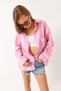 Çizgili Cepli Oversize Modal Gömlek 2258 60284002 - Pembe-Mavi