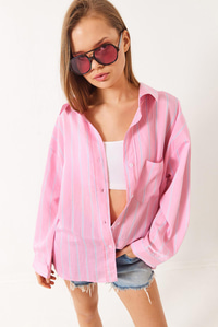 Çizgili Cepli Oversize Modal Gömlek 2258 60284002 - Pembe-Mavi