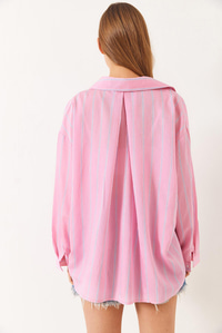 Çizgili Cepli Oversize Modal Gömlek 2258 60284002 - Pembe-Mavi
