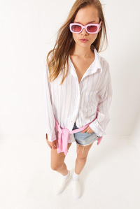 Çizgili Cepli Oversize Modal Gömlek 2258 60284002 - Ekru-Mavi