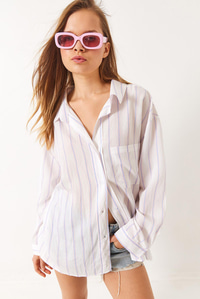 Çizgili Cepli Oversize Modal Gömlek 2258 60284002 - Ekru-Mavi