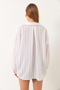 Çizgili Cepli Oversize Modal Gömlek 2258 60284002 - Ekru-Mavi