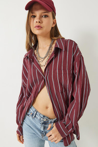 Çizgili Cepli Oversize Modal Gömlek 2258 60284002 - Bordo