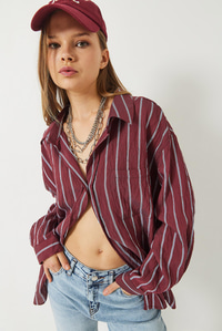 Çizgili Cepli Oversize Modal Gömlek 2258 60284002 - Bordo