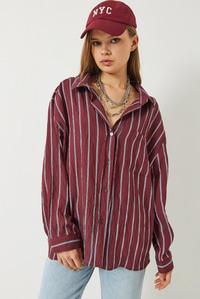 Çizgili Cepli Oversize Modal Gömlek 2258 60284002 - Bordo
