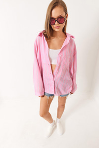 Çizgili Cepli Oversize Modal Gömlek 2258 60284002 - Pembe-Mavi