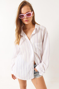 Çizgili Cepli Oversize Modal Gömlek 2258 60284002 - Ekru-Mavi