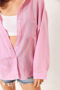 Çizgili Cepli Oversize Modal Gömlek 2258 60284002 - Pembe-Mavi