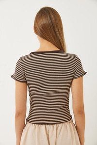 Çizgili Fitilli Kaşkorse Basic T-Shirt 60261475 - Bej-Kahverengi