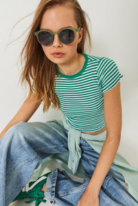 Çizgili Fitilli Kaşkorse Basic T-Shirt 60261475 - Yeşil-Beyaz