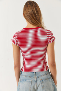 Çizgili Fitilli Kaşkorse Basic T-Shirt 60261475 - Kırmızı-Beyaz