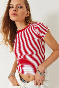 Çizgili Fitilli Kaşkorse Basic T-Shirt 60261475 - Kırmızı-Beyaz
