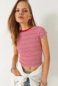 Çizgili Fitilli Kaşkorse Basic T-Shirt 60261475 - Kırmızı-Beyaz