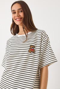 Çizgili Tedi Nakışlı Kısa Kollu Overisize T-Shirt 3083 60283055 - Beyaz-Siyah