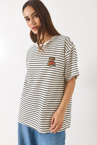 Çizgili Tedi Nakışlı Kısa Kollu Overisize T-Shirt 3083 60283055 - Beyaz-Siyah