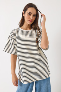Çizgili Tedi Nakışlı Kısa Kollu Overisize T-Shirt 3083 60283055 - Beyaz-Siyah