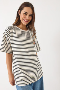 Çizgili Tedi Nakışlı Kısa Kollu Overisize T-Shirt 3083 60283055 - Beyaz-Siyah