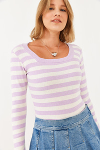 Çizgili U Yaka T-Shirt 0010 60251864 - Mor T-SHİRT modelleri
