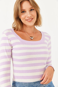 Çizgili U Yaka T-Shirt 0010 60251864 - Mor T-SHİRT modelleri