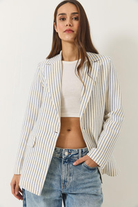 Çizgili Uzun Kollu Keten Karışımlı Astarlı Blazer Ceket 60283121 - Ekru-Lacivert