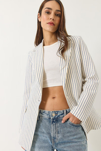 Çizgili Uzun Kollu Keten Karışımlı Astarlı Blazer Ceket 60283121 - Ekru-Lacivert