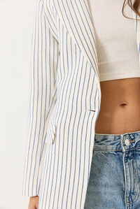 Çizgili Uzun Kollu Keten Karışımlı Astarlı Blazer Ceket 60283121 - Ekru-Lacivert