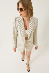 Çizgili Uzun Kollu Keten Karışımlı Astarlı Blazer Ceket 60283121 - Ekru-Siyah