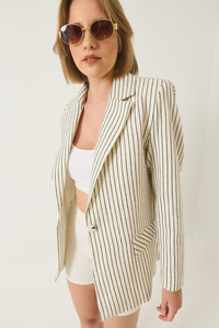 Çizgili Uzun Kollu Keten Karışımlı Astarlı Blazer Ceket 60283121 - Ekru-Siyah