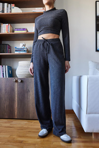 Crop Bluz ve Beli Lastikli Pantolonlu Alt Üst Takım 415 60261089 - Antrasit