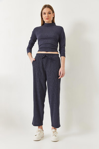 Crop Bluz ve Beli Lastikli Pantolonlu Alt Üst Takım 60261363 - Lacivert