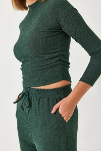 Crop Bluz ve Beli Lastikli Pantolonlu Alt Üst Takım 60261363 - Zümrüt Yeşili