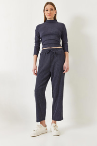 Crop Bluz ve Beli Lastikli Pantolonlu Alt Üst Takım 60261363 - Lacivert