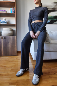 Crop Bluz ve Beli Lastikli Pantolonlu Alt Üst Takım 415 60261089 - Antrasit