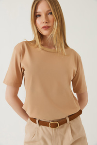 Dekoratif Dikişli Bisiklet Yaka Tshirt 60602001 - Vizon