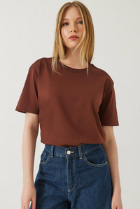 Dekoratif Dikişli Bisiklet Yaka Tshirt 60602001 - Kahve