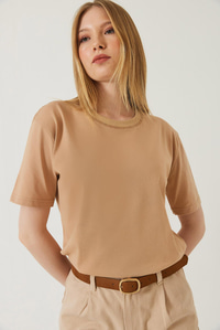 Dekoratif Dikişli Bisiklet Yaka Tshirt 60602001 - Vizon