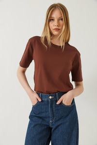 Dekoratif Dikişli Bisiklet Yaka Tshirt 60602001 - Kahve