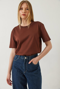 Dekoratif Dikişli Bisiklet Yaka Tshirt 60602001 - Kahve