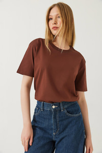 Dekoratif Dikişli Bisiklet Yaka Tshirt 60602001 - Kahve