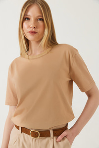 Dekoratif Dikişli Bisiklet Yaka Tshirt 60602001 - Vizon