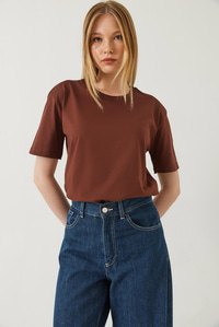 Dekoratif Dikişli Bisiklet Yaka Tshirt 60602001 - Kahve