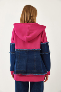 Denim Cep Detaylı Üç İplik Şardonlu Hırka  60351322 - Fuşya